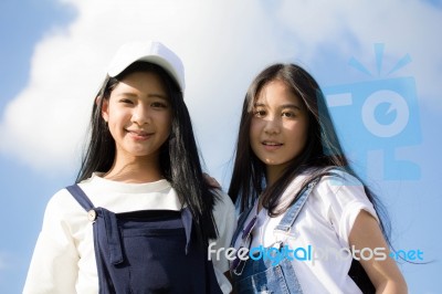 Two Asia Thai High School Student Best Friends Beautiful Girl Smile And Funny Stock Photo