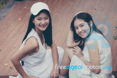 Two Asia Thai High School Student Best Friends Beautiful Girl Smile And Funny Stock Photo