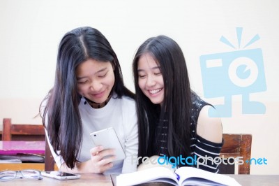 Two Asia Thai High School Student Uniform Best Friends Beautiful Girl Reading Book Stock Photo