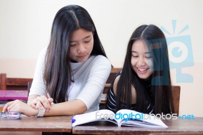 Two Asia Thai High School Student Uniform Best Friends Beautiful Girl Reading Book Stock Photo