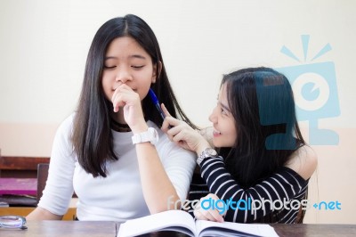 Two Asia Thai High School Student Uniform Best Friends Beautiful Girl Reading Book Stock Photo