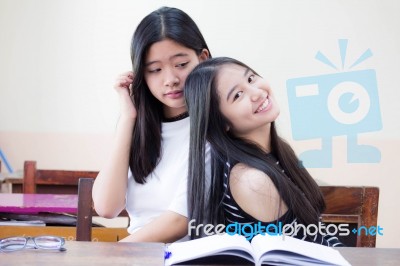 Two Asia Thai High School Student Uniform Best Friends Beautiful Girl Reading Book Stock Photo