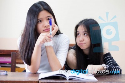 Two Asia Thai High School Student Uniform Best Friends Beautiful Girl Reading Book Stock Photo