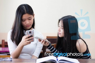 Two Asia Thai High School Student Uniform Best Friends Beautiful Girl Reading Book Stock Photo