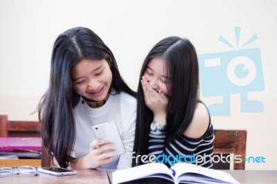 Two Asia Thai High School Student Uniform Best Friends Beautiful Girl Reading Book Stock Photo