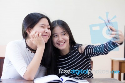 Two Asia Thai Teen Best Friends Girls Make Picture Selfie Pic Stock Photo