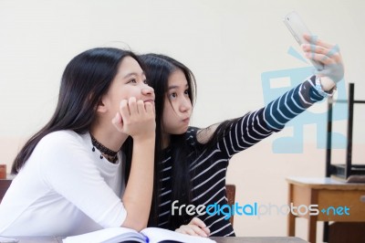 Two Asia Thai Teen Best Friends Girls Make Picture Selfie Pic Stock Photo