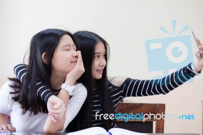 Two Asia Thai Teen Best Friends Girls Make Picture Selfie Pic Stock Photo