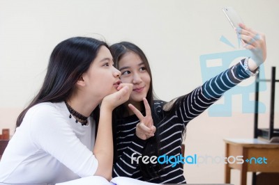 Two Asia Thai Teen Best Friends Girls Make Picture Selfie Pic Stock Photo