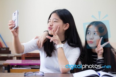 Two Asia Thai Teen Best Friends Girls Make Picture Selfie Pic Stock Photo