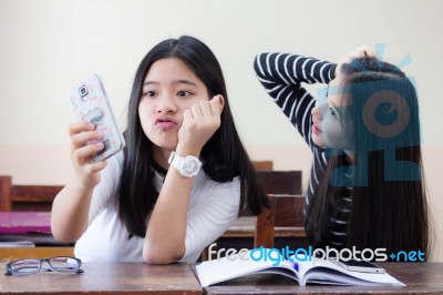 Two Asia Thai Teen Best Friends Girls Make Picture Selfie Pic Stock Photo