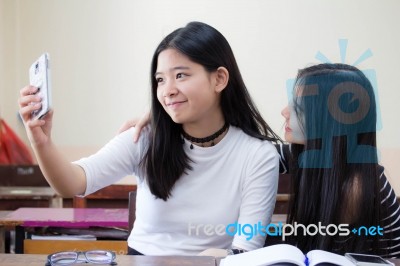 Two Asia Thai Teen Best Friends Girls Make Picture Selfie Pic Stock Photo