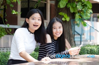 Two Asia Thai Teen Best Friends Girls Smile And Funny Stock Photo