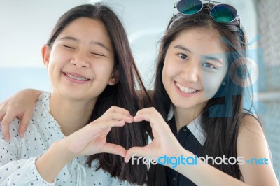 Two Asia Thai Teen Best Friends Girls Smile And Funny Stock Photo