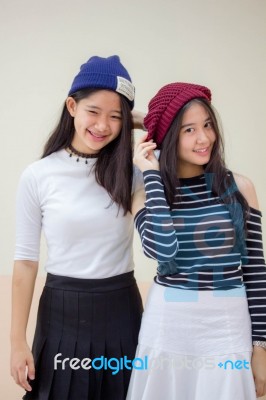 Two Asia Thai Teen Best Friends Girls Smile And Funny Stock Photo