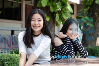 Two Asia Thai Teen Best Friends Girls Smile And Funny Stock Photo