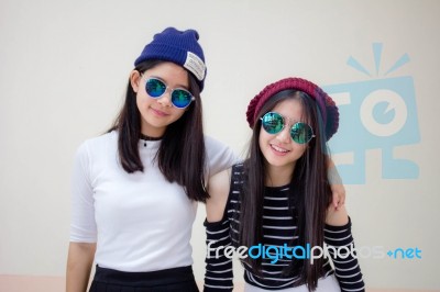 Two Asia Thai Teen Best Friends Girls Smile And Funny Stock Photo