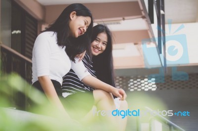 Two Asia Thai Teen Best Friends Girls Smile And Funny Stock Photo