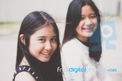 Two Asia Thai Teen Best Friends Girls Smile And Funny Stock Photo