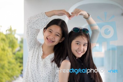 Two Asia Thai Teen Best Friends Girls Smile And Funny Stock Photo