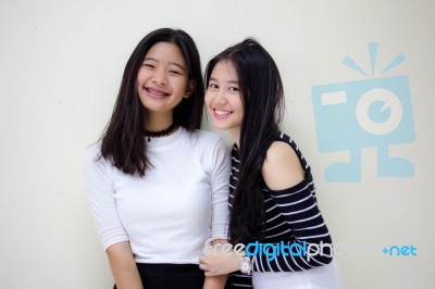 Two Asia Thai Teen Best Friends Girls Smile And Funny Stock Photo