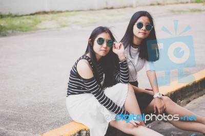 Two Asia Thai Teen Best Friends Girls Smile And Funny Stock Photo