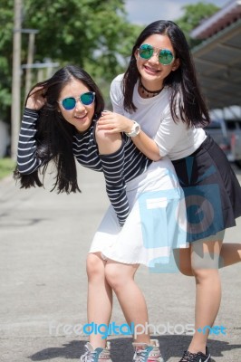 Two Asia Thai Teen Best Friends Girls Smile And Funny Stock Photo