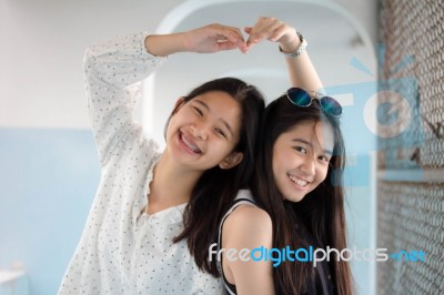 Two Asia Thai Teen Best Friends Girls Smile And Funny Stock Photo