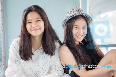 Two Asia Thai Teen Best Friends Girls Smile And Funny Stock Photo