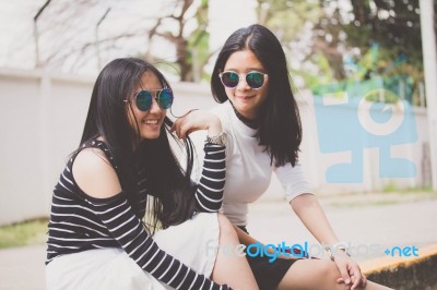 Two Asia Thai Teen Best Friends Girls Smile And Funny Stock Photo