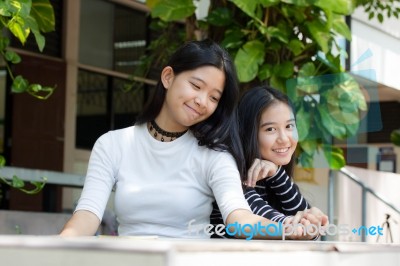 Two Asia Thai Teen Best Friends Girls Smile And Funny Stock Photo