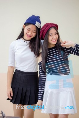 Two Asia Thai Teen Best Friends Girls Smile And Funny Stock Photo