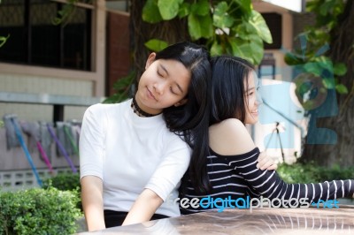 Two Asia Thai Teen Best Friends Girls Smile And Funny Stock Photo