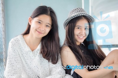 Two Asia Thai Teen Best Friends Girls Smile And Funny Stock Photo