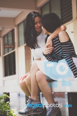 Two Asia Thai Teen Best Friends Girls Smile And Funny Stock Photo