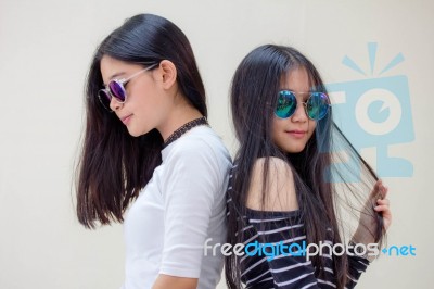 Two Asia Thai Teen Best Friends Girls Smile And Funny Stock Photo