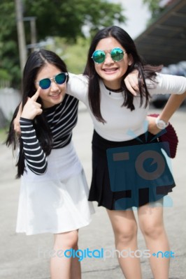 Two Asia Thai Teen Best Friends Girls Smile And Funny Stock Photo