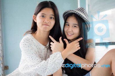 Two Asia Thai Teen Best Friends Girls Smile And Funny Stock Photo