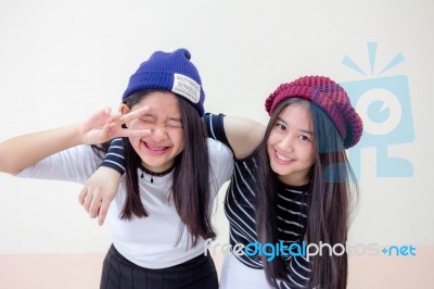 Two Asia Thai Teen Best Friends Girls Smile And Funny Stock Photo