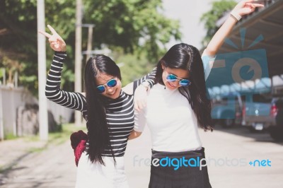 Two Asia Thai Teen Best Friends Girls Smile And Funny Stock Photo