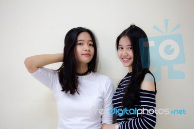 Two Asia Thai Teen Best Friends Girls Smile And Funny Stock Photo