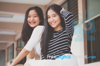 Two Asia Thai Teen Best Friends Girls Smile And Funny Stock Photo