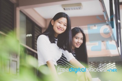 Two Asia Thai Teen Best Friends Girls Smile And Funny Stock Photo