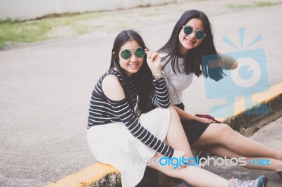 Two Asia Thai Teen Best Friends Girls Smile And Funny Stock Photo