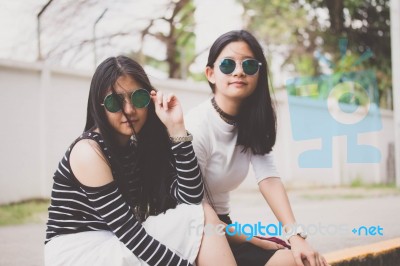 Two Asia Thai Teen Best Friends Girls Smile And Funny Stock Photo