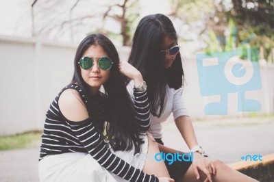 Two Asia Thai Teen Best Friends Girls Smile And Funny Stock Photo