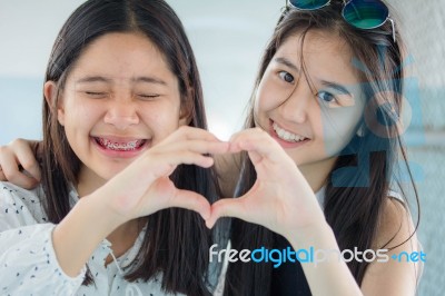 Two Asia Thai Teen Best Friends Girls Smile And Funny Stock Photo