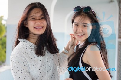 Two Asia Thai Teen Best Friends Girls Smile And Funny Stock Photo