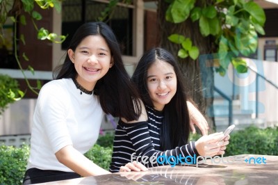 Two Asia Thai Teen Best Friends Girls Smile And Funny Stock Photo