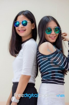 Two Asia Thai Teen Best Friends Girls Smile And Funny Stock Photo